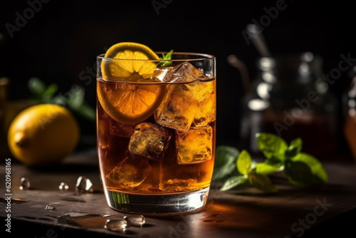 A refreshing glass of iced tea with lemon and mint garnish, Drinks, bokeh Generative AI