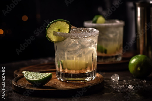 A classic margarita with salt rim and lime wedge, Drinks, bokeh Generative AI