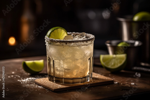 A classic margarita with salt rim and lime wedge, Drinks, bokeh Generative AI