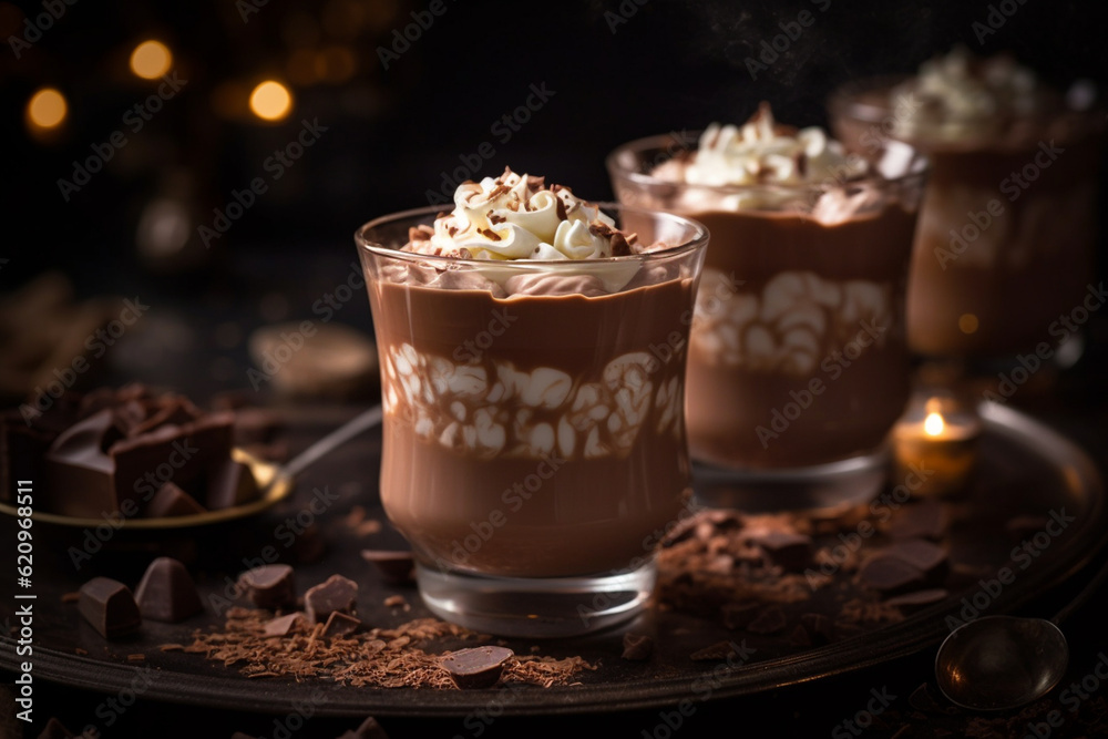 A rich and creamy hot chocolate with chocolate shavings, Drinks, bokeh Generative AI A rich and creamy hot chocolate with chocolate shavings, Drinks, bokeh Generative AI
