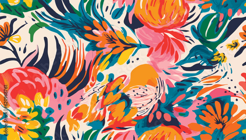 Abstract trendy exotic floral mix pattern. Collage contemporary seamless pattern. Hand drawn cartoon style pattern. Line art ornament