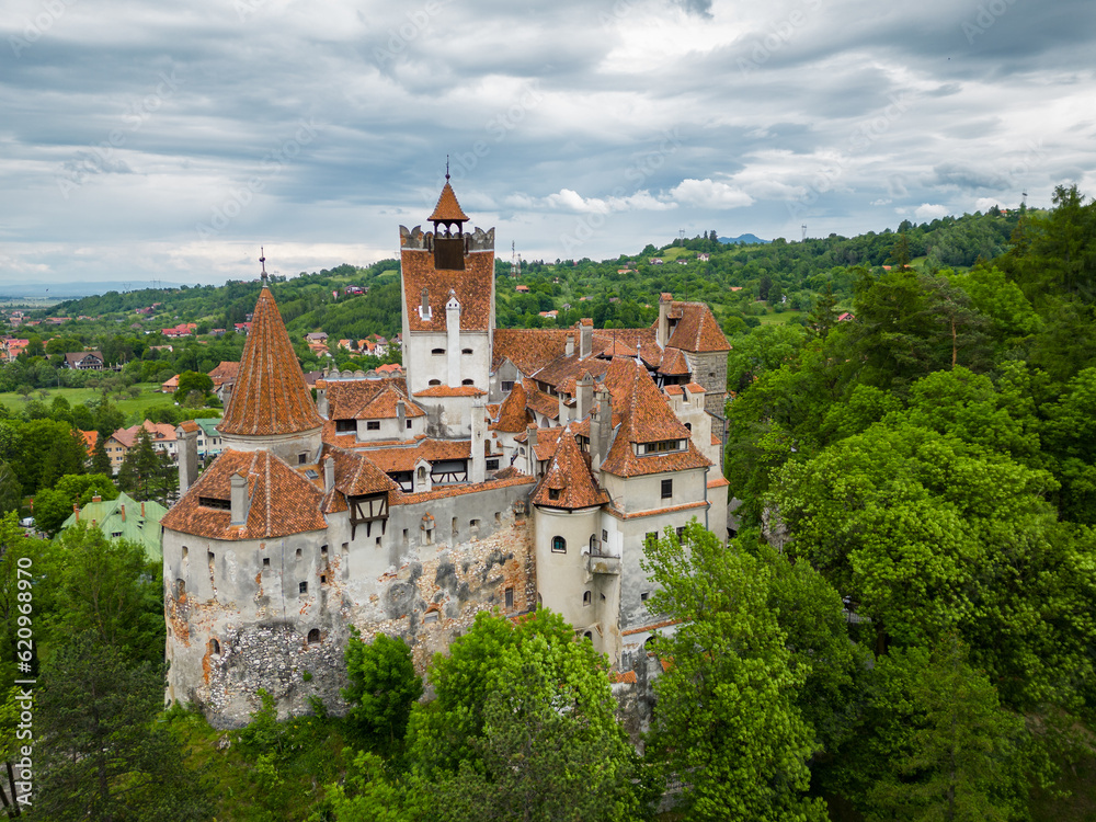 Aerial drone perspective of Bran medieval castle. Located in Romania, it is known abroad as Dracula's castle. Visited annually by many foreign tourists. One of the most visited tourist destinations 