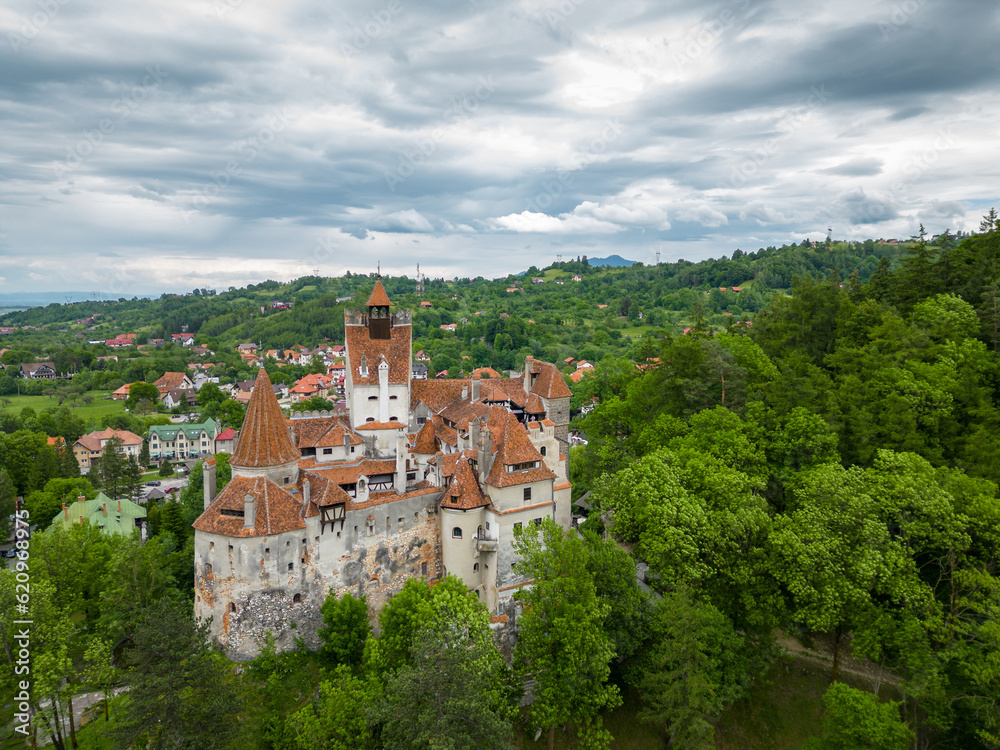 Aerial drone perspective of Bran medieval castle. Located in Romania, it is known abroad as Dracula's castle. Visited annually by many foreign tourists. One of the most visited tourist destinations 
