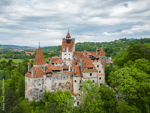 Aerial drone perspective of Bran medieval castle. Located in Romania, it is known abroad as Dracula's castle. Visited annually by many foreign tourists. One of the most visited tourist destinations 