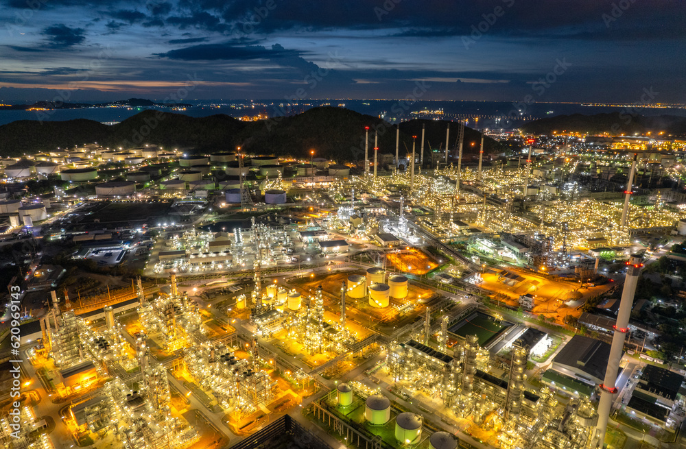 Aerial view Industry Oil refinery oil and gas refinery Business petrochemical industrial, Refinery oil and gas factory power and fuel energy, Ecosystem estates. Fuel refinery industry at morning light