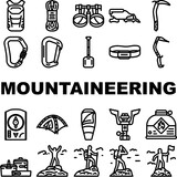 mountaineering tool sport icons set vector. adventure climbing, extreme equipment, climber activity, alpinism hiking, rope mountaineering tool sport black contour illustrations
