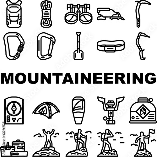 mountaineering tool sport icons set vector. adventure climbing, extreme equipment, climber activity, alpinism hiking, rope mountaineering tool sport black contour illustrations