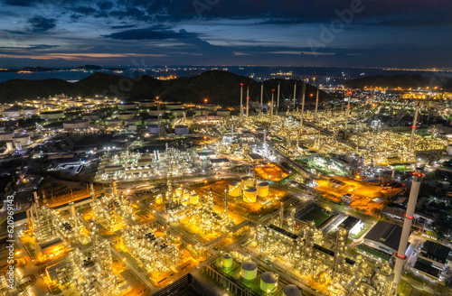 Aerial view Industry Oil refinery oil and gas refinery Business petrochemical industrial  Refinery oil and gas factory power and fuel energy  Ecosystem estates. Fuel refinery industry at morning light
