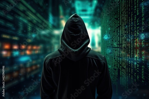 Computer hacker wearing hoodie over the background of code programming. Generative Ai illustration