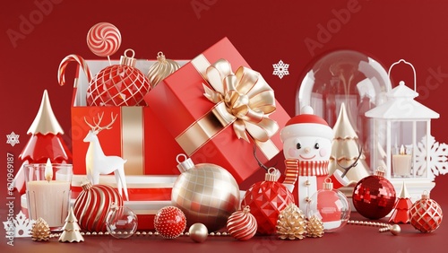 3d rendering illustration podium winter christmas festival with christmas tree,santa claus,gift boxes, ribbon,ball,snow,product, promotion sale, presentation pedestal 3d rendering on background color.