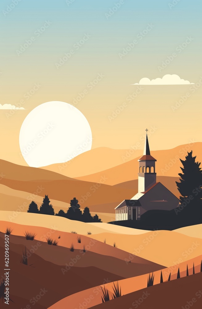 PANORAMA WITH A MOUNTAIN CHURCH AT SUNSET. IMAGE AI