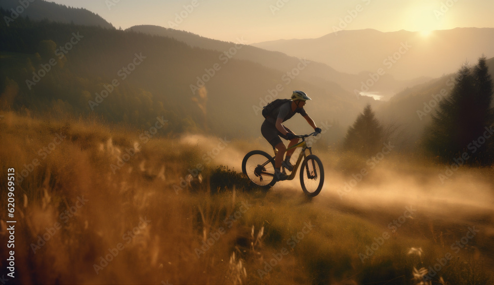 woman bike sunset cycling forest bicycle walking tree summer dark sport. Generative AI.