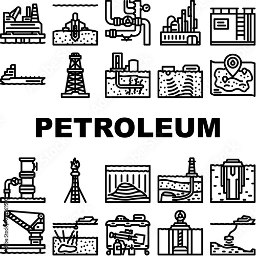 oil industry petroleum energy gas icons set vector. fuel power, industrial technology, construction engineering, engineer factory, plant oil industry petroleum energy gas black contour illustrations