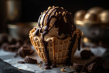 Peanut butter cup ice cream in a chocolate-dipped cone, Ice cream, Generative AI