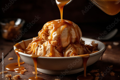 A bowl of caramel swirl ice cream with a caramel drizzle, Ice cream, Generative AI