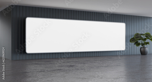 Empty wall luminous wide screen LED banner, indoor screen billboard mockup, 3D render