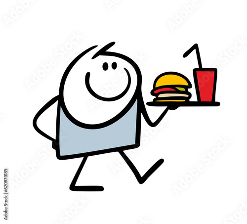 Cute stickman waiter carries a drink and a hamburger on a tray. Vector illustration of a satisfied customer in a fast food restaurant.