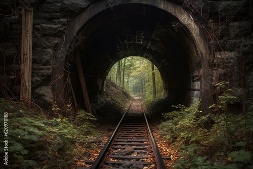 gloomy abandoned railway tunnel in the autumn forest. generated ai