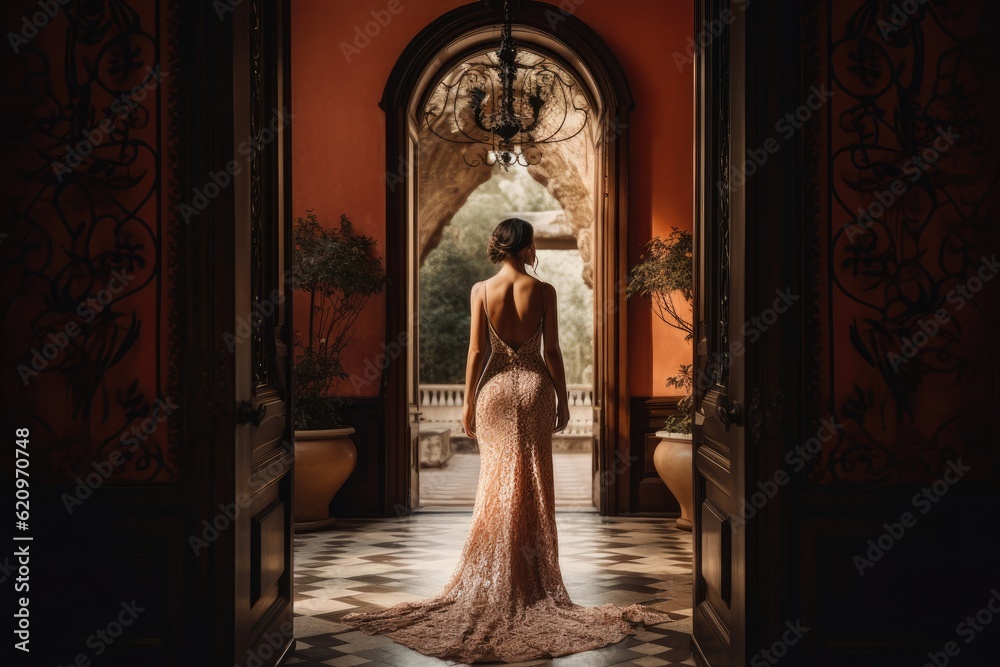 Beautiful Evening Gown Mansion Backside Generative AI