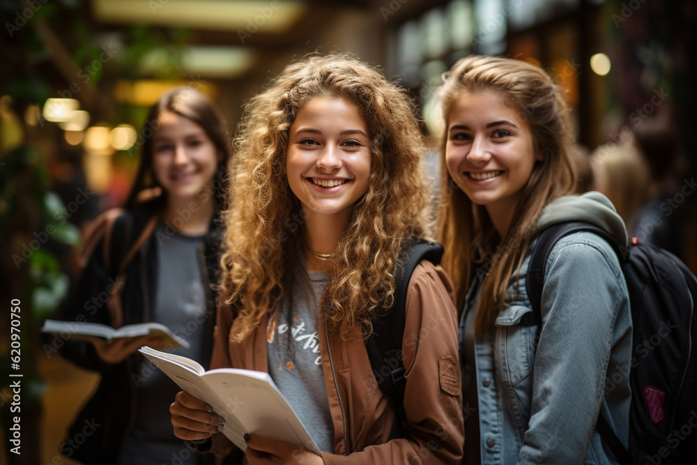 Obraz premium A group of friends studying together in the library, School, Back to School Generative AI