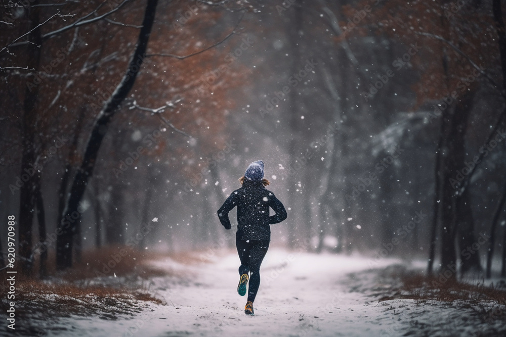 Fototapeta premium An athlete running from behind on a snowy trail with a bokeh background of snowflakes falling Athlete running, bokeh Generative AI