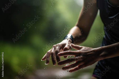 A close-up shot of an athlete's hands as they run with a bokeh background of blurred scenery Athlete running, bokeh Generative AI