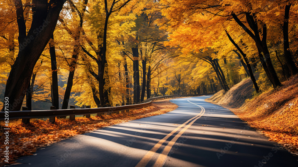 Narrow road surrounded by a forest covered in yellowing plants under a cloudy sky in autumn. Generative Ai