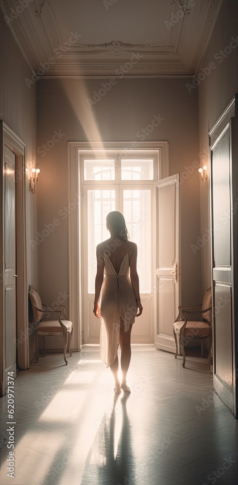 Fototapeta premium Vertical Fashionable Female Wearing Dress Gala Backside Generative AI