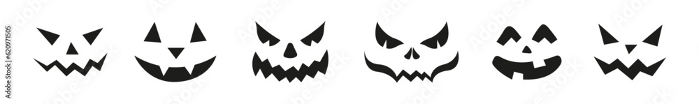 Set of scary Pumpkin Jack faces. Halloween clipart. Isolated vector and PNG illustration on transparent background.