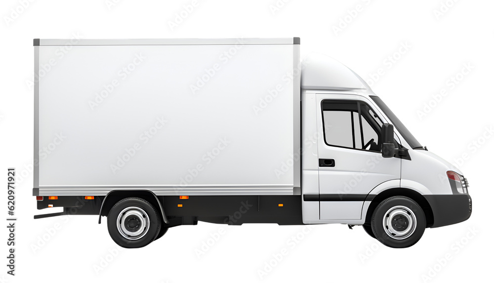 car mockup template, white delivery cargo truck on isolated transparent background