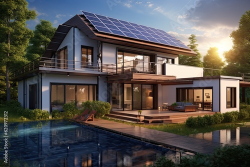 solar panels on the roof or in solar farm. Green Energy.Generative AI © AI Farm