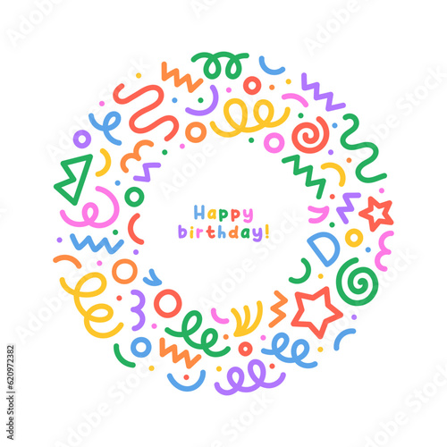 Fun colorful happy birthday doodle greeting card template. Creative party invitation for children celebration with modern shapes. Simple upbeat anniversary drawing decoration.