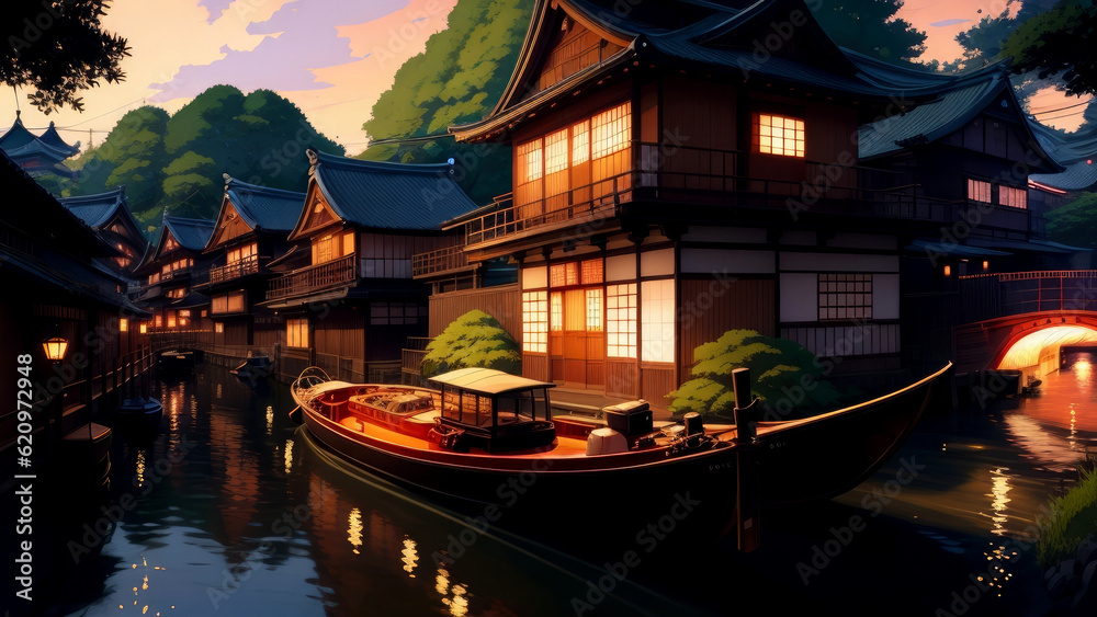 Obraz premium Traditional Japanese Fishing Village at Twilight, AI Art