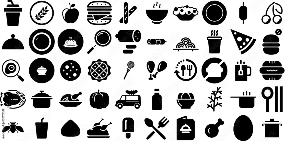 Huge Set Of Food Icons Pack Hand-Drawn Black Design Pictogram Cooked, Health, Pointer, Certified Elements Isolated On White Background