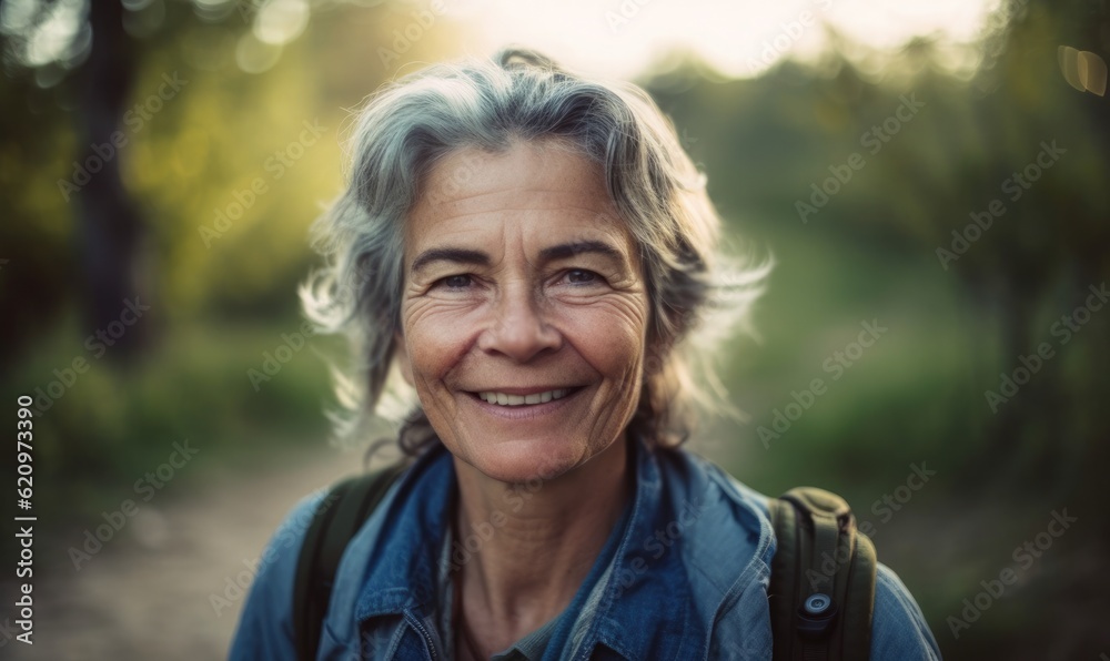 Retired and active, Mature woman smiling at the camera outdoors, generative AI Retired and active, Mature woman smiling at the camera outdoors, generative AI