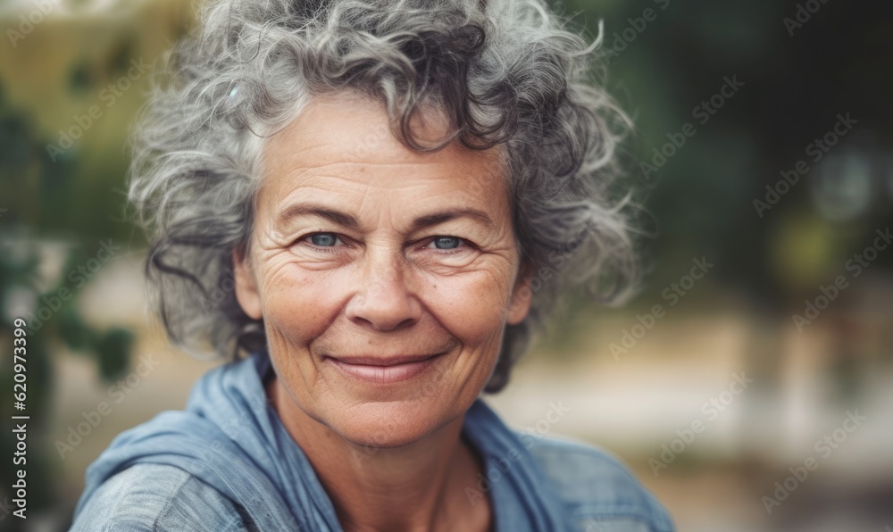Retired and active, Mature woman smiling at the camera outdoors, generative AI Retired and active, Mature woman smiling at the camera outdoors, generative AI