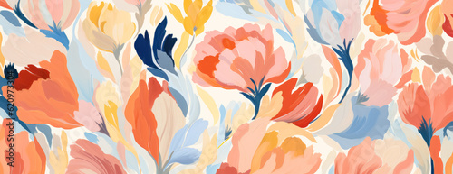 Bright abstract floral seamless pattern, with orange, beige, and green colors, in the style of large brushstrokes/loose brushwork, light pink.