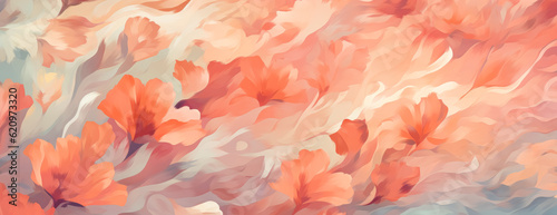Bright abstract floral seamless pattern, with orange, beige, and green colors, in the style of large brushstrokes/loose brushwork, light pink.