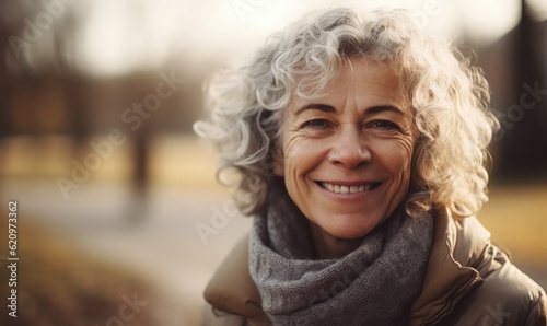 Retired and active, Mature woman smiling at the camera outdoors, generative AI