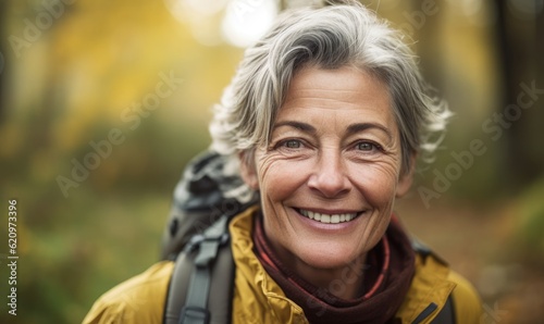 Retired and active, Mature woman smiling at the camera outdoors, generative AI