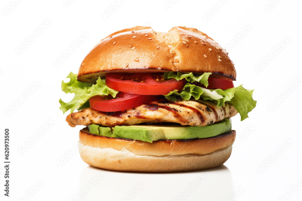 Delicious Grilled Chicken Sandwich with Avocado Isolated on a White Background Delicious Grilled Chicken Sandwich with Avocado Isolated on a White Background