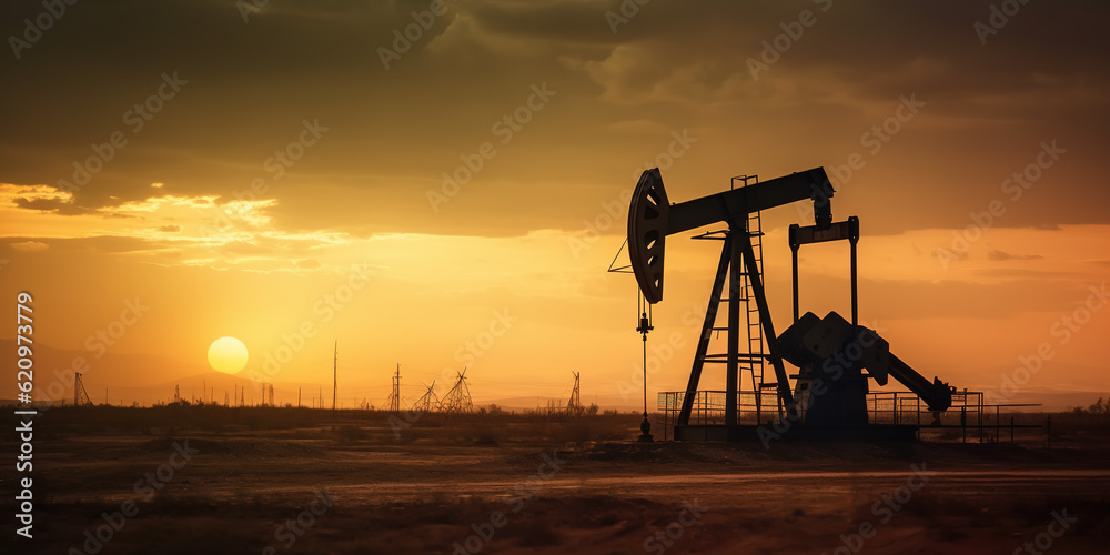 Crude oil pumpjack rig against the silhouette of the desert in the evening sunset. Generative AI.