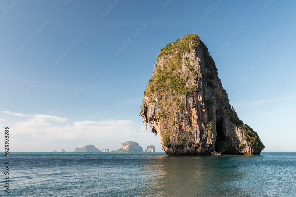 the cliff of Ko Rang Nok from Phra Nang Beach in the morning, Railay, Krabi, Thailand