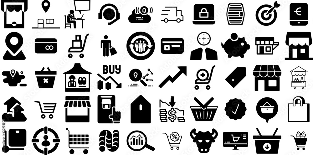 Big Set Of Market Icons Bundle Black Cartoon Symbol Icon, Trading, Interface, Distribution Pictogram Isolated On Transparent Background - obrazy, fototapety, plakaty 