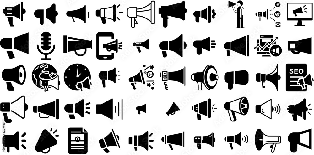 Huge Set Of Megaphone Icons Collection Hand-Drawn Black Infographic Web Icon Speaker, Marketing, Festival, Icon Elements For Apps And Websites