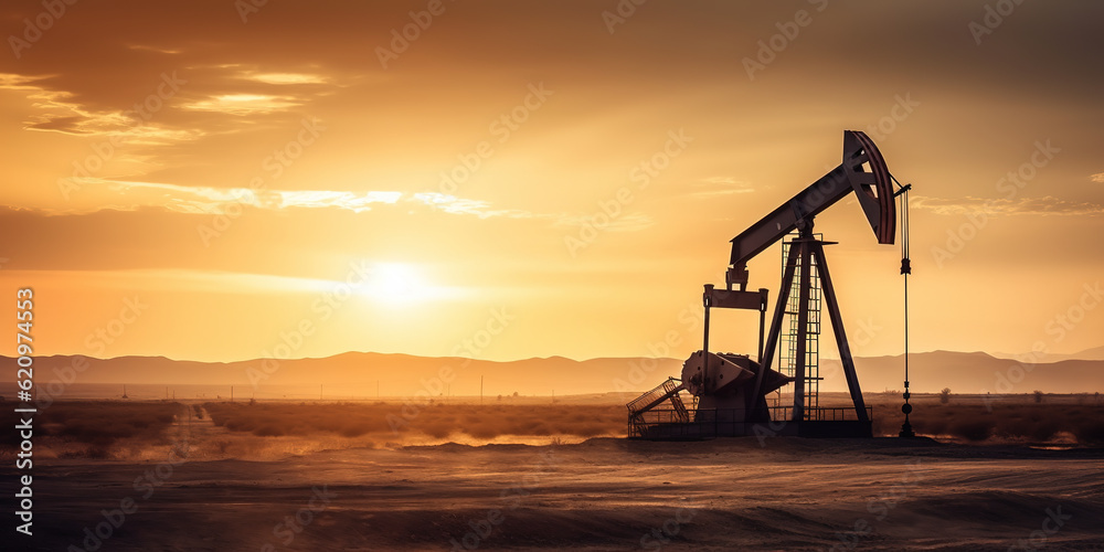 Crude oil pumpjack rig against the silhouette of the desert in the evening sunset. Generative AI. Crude oil pumpjack rig against the silhouette of the desert in the evening sunset. Generative AI.