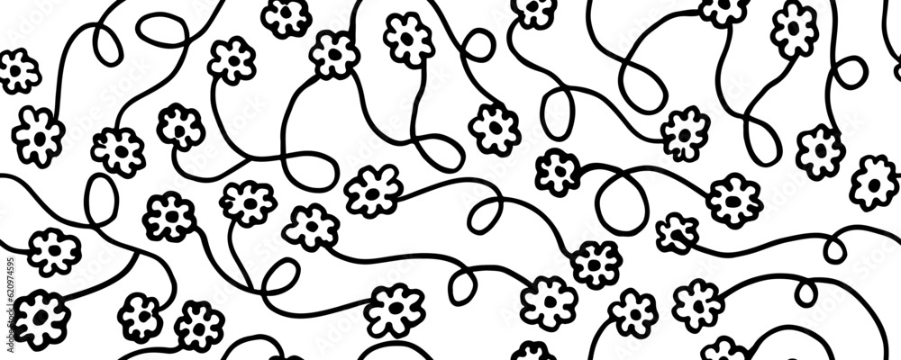 Flowers hand drawn seamless pattern. ink brush texture.  Dry brush style floral motives. Black paint illustration with abstract flowers