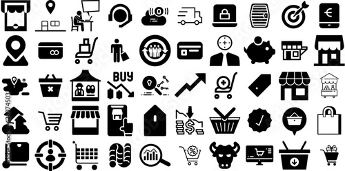 Big Set Of Market Icons Bundle Black Cartoon Symbol Icon, Trading, Interface, Distribution Pictogram Isolated On Transparent Background photo