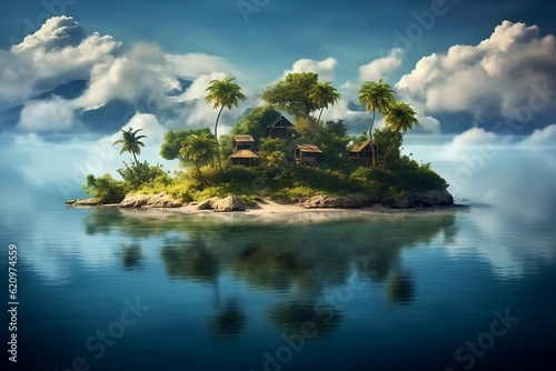 Tropical island with palm trees and bungalows in the sea 