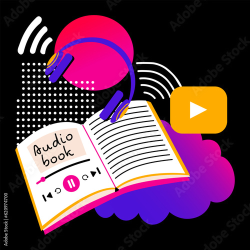 Audiobook. Doodles. Wireless headphones. Concept of online learning. Internet library. Abstract cute geometric elements. Vector illustration on black background